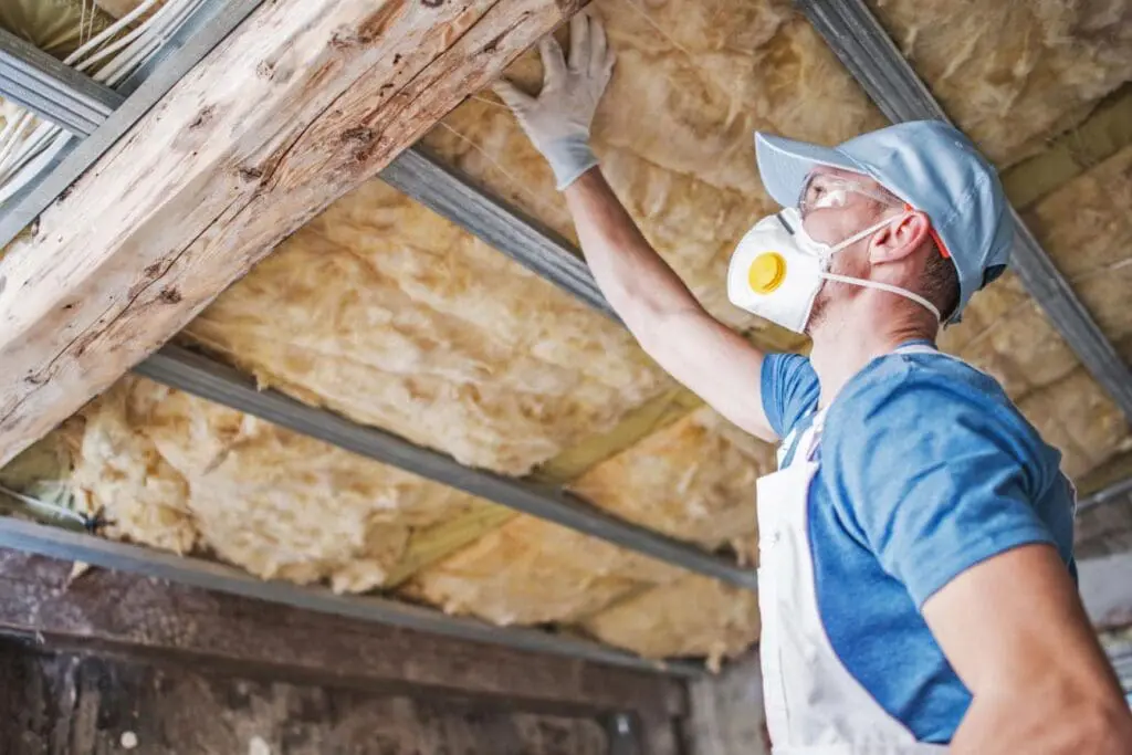Contractor installing attic insulation between roof framing