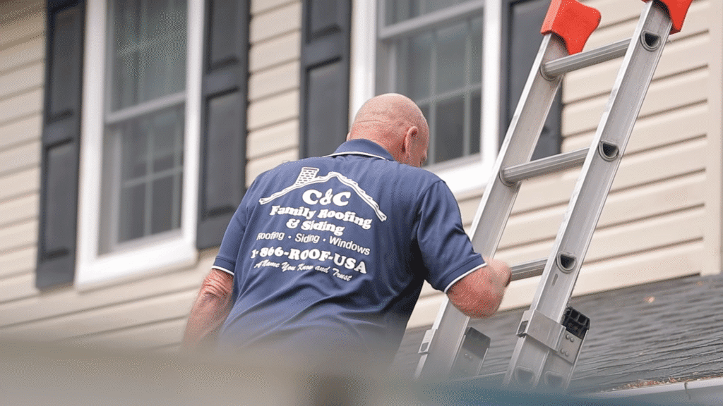 C&C Family Roofing & Siding team member climbing a ladder at a residential home