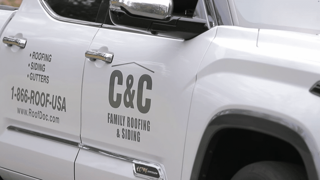 C&C Family Roofing & Siding branded service truck for roofing, siding, and gutter work