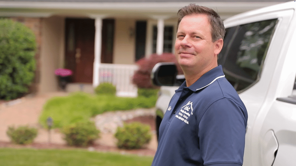 C&C Family Roofing & Siding team member standing beside a service truck at a residential home