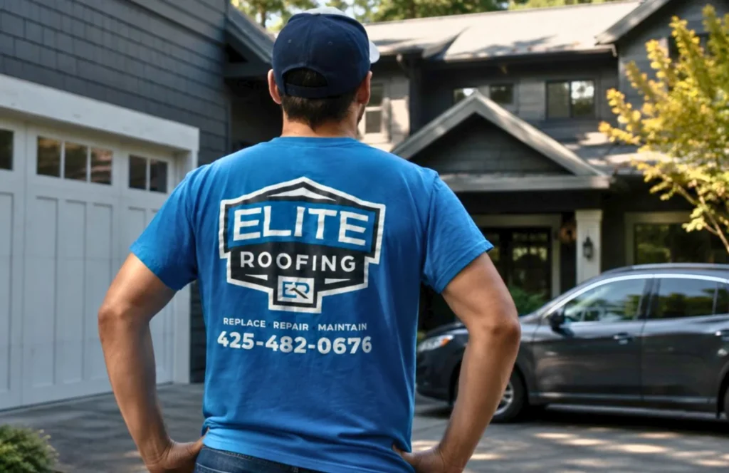 Elite Roofing & Remodel team member standing in front of completed residential roofing project outside modern home